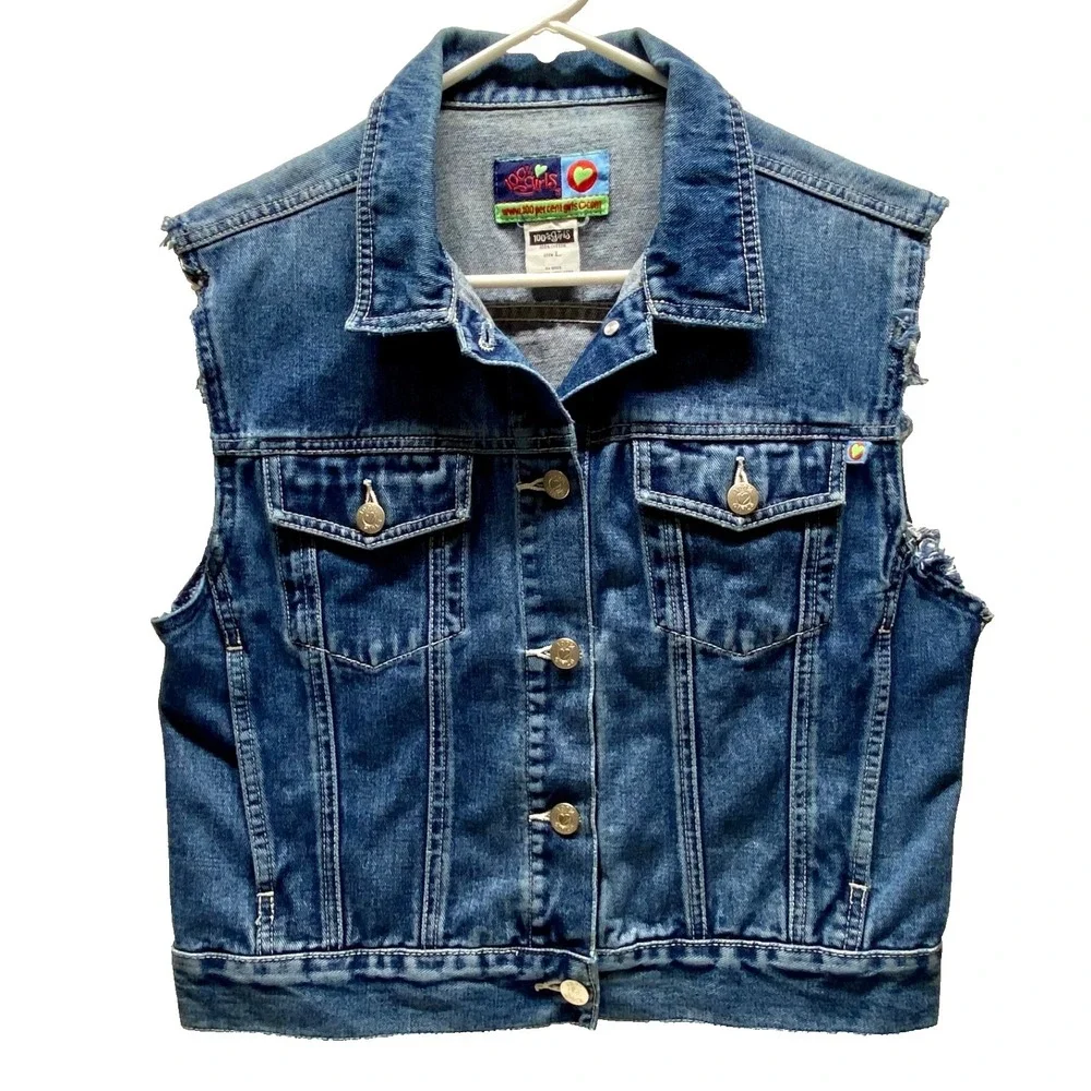 100% Girls Denim Vest Youth Large Blue Jean Classic Fit + Pockets‎ Outerwear EUC